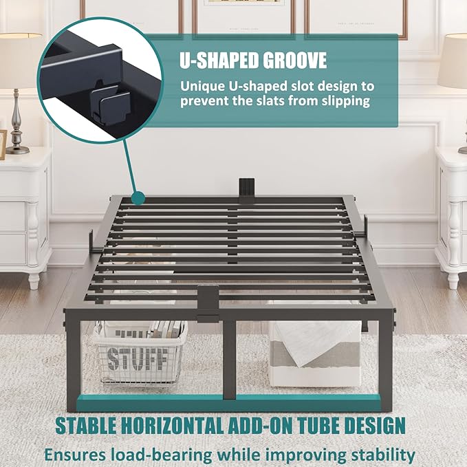 Twin XL Size Bed Frame, 14 Inch Heavy Duty Support 3500 lbs Metal Platform, No Box Spring Needed/Noise Free/Non-Slip/Steel Slat Support/Easy Assembly