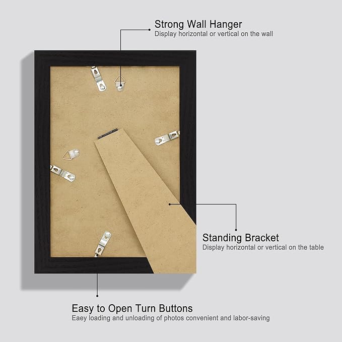 6x9 Picture Frame Set of 4, Black Frame with High Definition Glass, Wood Rustic 6 x 9 Photo Frames for Horizontal or Vertical Table Top and Wall Mounting