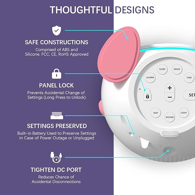 OK to Wake Clock for Kids, Sleep Training Clock with Night Light and Sound Machine, Kids Alarm Clock for Bedrooms, Pink