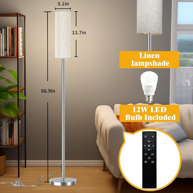 Floor Lamp for Living Room Bedroom, Modern Floor Lamp with Remote,Stepless Dimmable,Nickel Pole and Beige Linen lampshade （12W Bulb Included）
