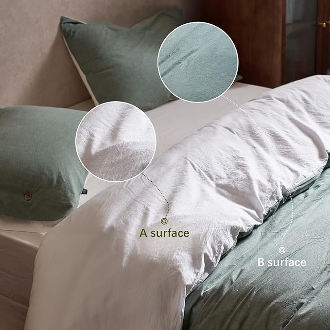 MILDLY 100% Washed Cotton White and Green Reversible Duvet Cover Set King Size Casual Design Soft Bedding Set 2 Pillow Cases + 1 Duvet Cover with Zipper & Corner Ties