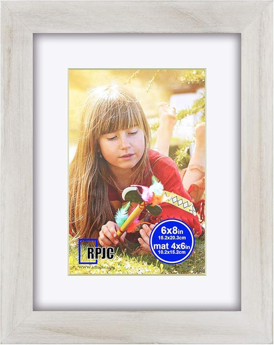 RPJC 6x8 inch Picture Frame Made of Solid Wood and High Definition Glass Display Pictures 4x6 with Mat or 6x8 Without Mat for Wall Mounting Photo Frame Rustic White