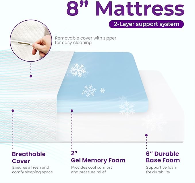 GAESTE 8 Inch Twin Cooling Gel Memory Foam Mattress for Cool Sleep Medium Firm CertiPUR-US Certified Foam, Mattress in a Box Pressure Relief Removable Cover No Fiberglass (Twin, 8 in)