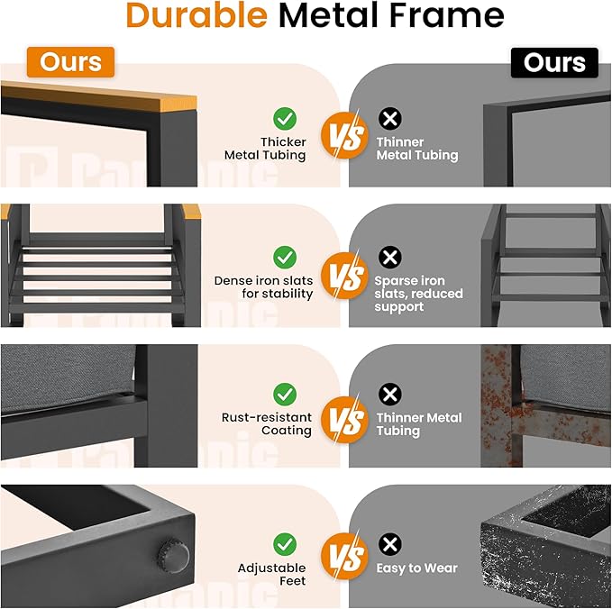 Pamapic 4 Pieces Outdoor Patio Furniture Set, Modern Metal Balcony Furniture with Plastic-Wood Coffee Table, All-Weather Patio Conversation Set with Thick Cushion for Balcony, Porch, Gray