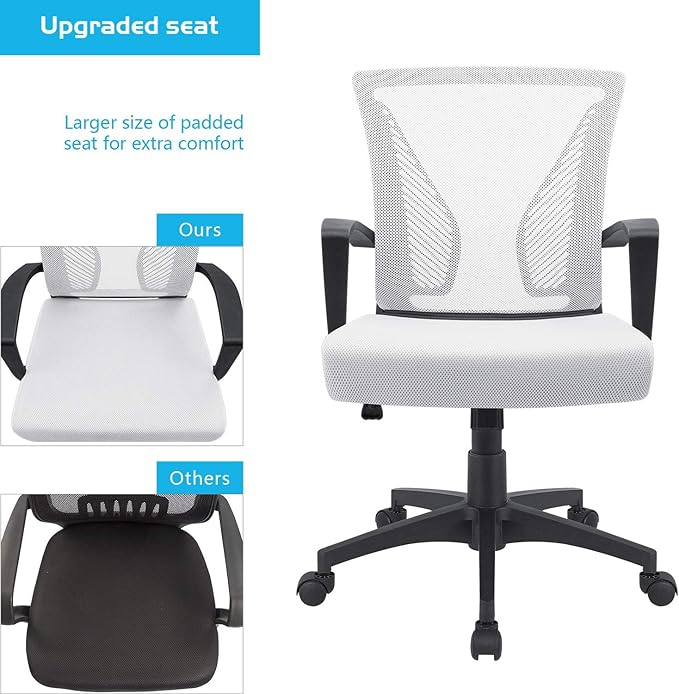 Furmax Office Chair Ergonomic Computer Desk Mesh Chair Mid Back Swivel Lumbar Support with Armrest (2, White)