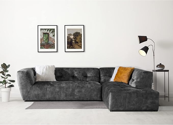 Acanva Luxury Mid-Century Velvet Tufted Low Back Sofa Set L-Shape 2-Piece Living Room Couch, 113" W Right Hand Facing Sectional, Grey