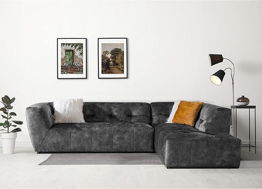 Acanva Luxury Mid-Century Velvet Tufted Low Back Sofa Set L-Shape 2-Piece Living Room Couch, 113" W Right Hand Facing Sectional, Grey