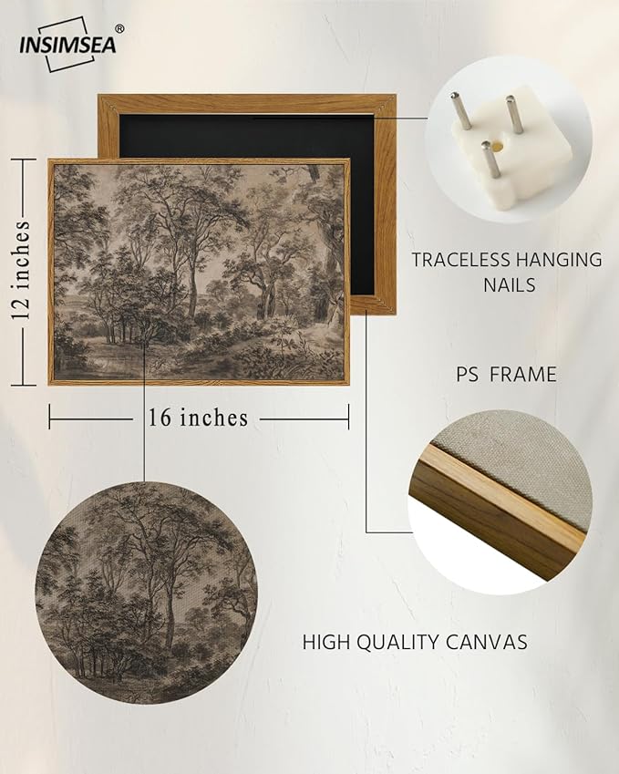 InSimSea Framed Canvas Wall Art, Vintage Wall Decor, Antique Watercolor Country Landscape Painting for Living Room, Bedroom Moody Black Sketch Retro Woodland Prints Pictures Decorations,12x16inch