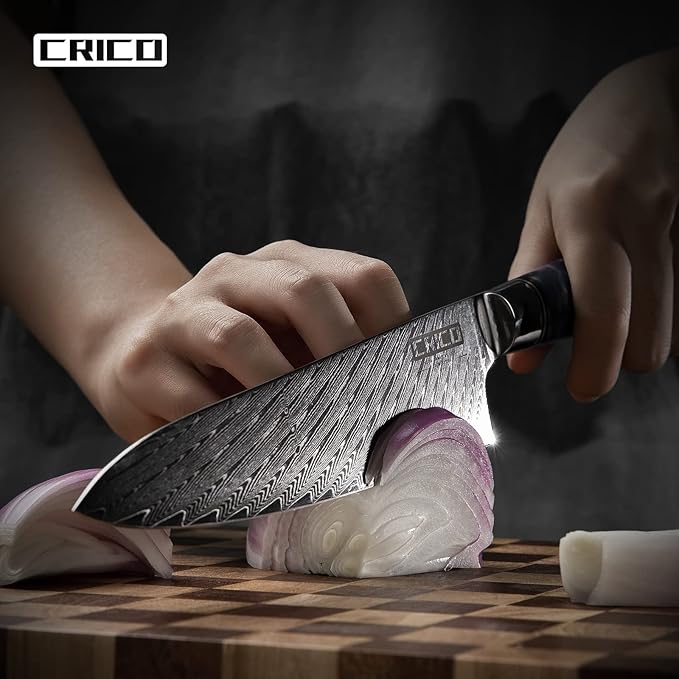 CRICO Damascus Chef Knife 8 inch, Professional Kitchen Knives with Sheath, Forged Japanese VG10 67-Layers Super Steel, Stable-Wood&Resin Handle, Razor Sharp, Gift Box - Flow Series