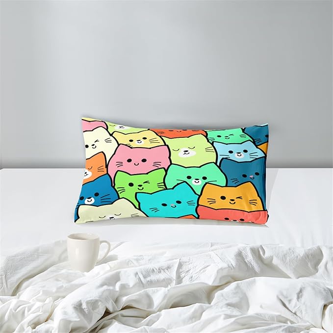 Cat Twin Comforter Set for Bedroom - 2Pcs Lovely Bedding Set Cute Cat Patterns for Girls Boys Kids Warm Soft Breathable Cats Comforter with 1 Pillowcase, Twin Size