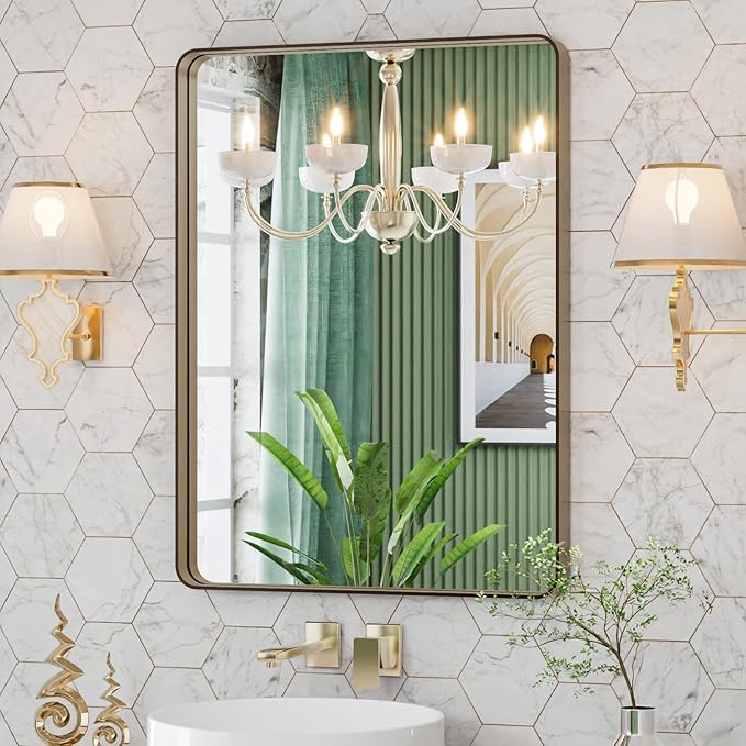 LOAAO 20”X30” Bronze Bathroom Mirrors for Vanity, Rounded Rectangle Brushed Bronze Metal Frame Mirror, Anti-Rust, Hangs Horizontally or Vertically