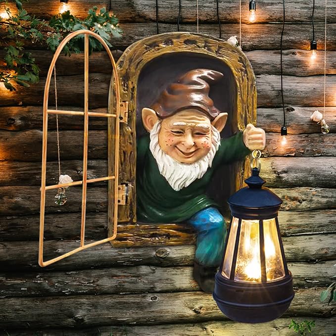 Whimsical Fairy Garden Gnomes with Solar Lights-10 Elf Out The Door Tree Hugger Garden Statues-Outdoor&Yard Decor-Tree Face Sculpture,Ideal Gnomes Yard Art for Patio,Wall，Yard