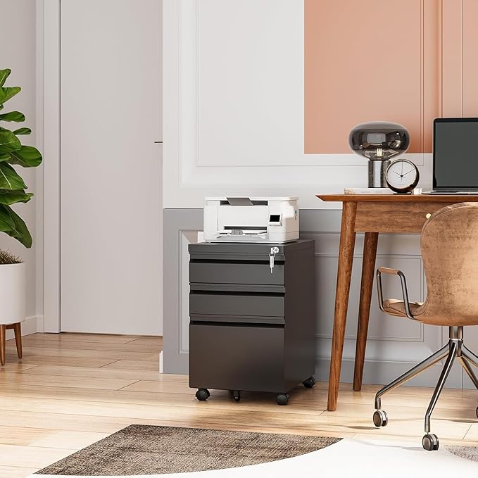 3 Drawer File Cabinet with Lock,Mobile Filing Cabinets,Metal Small Rolling File Cabinet,Drawers for Under Desk for Legal/Letter/A4 File, Assembly Required,Black