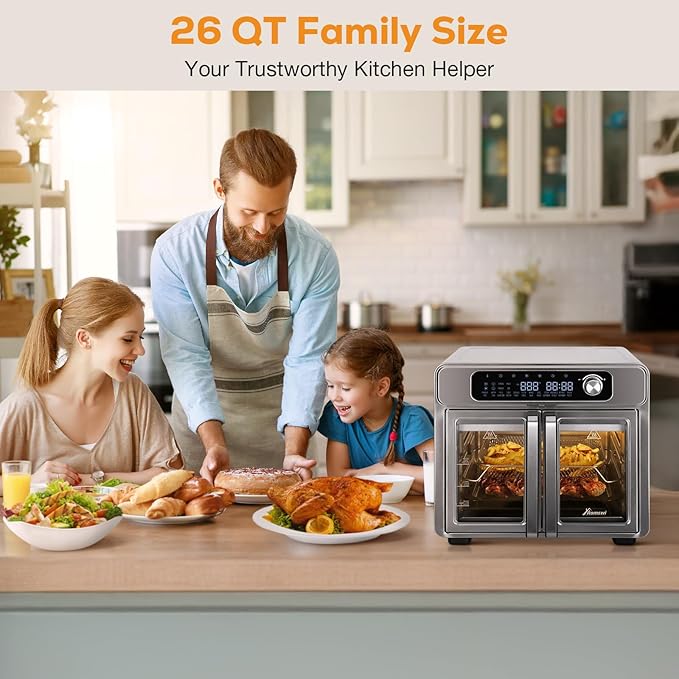 Extra Large French Door Air Fryer Toaster Oven Combo, 24 Cooking Functions and Digital Controls, 6 Accessories Included, Stainless Steel Finish, 26QT Capacity, Fits 12" Pizza, Rotisserie 6lb Chicken