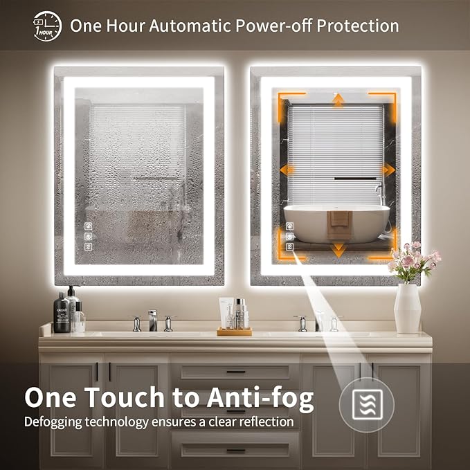 LED Mirror for Bathroom, 28x36 Inch Backlit + Front Lighted Bathroom Vanity Mirror with Lights for Wall, Double Light Strips, 3 Colors, Shatter-Proof, Anti-Fog and Brightness Memory