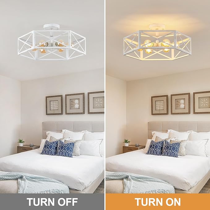 White Flush Mount Ceiling Light, 6 Light Flush Mount Light Fixture, Modern Close to Ceiling Light with Metal Hexagon Cage, Farmhouse Light Fixture for Hallway, Kitchen, Bedroom