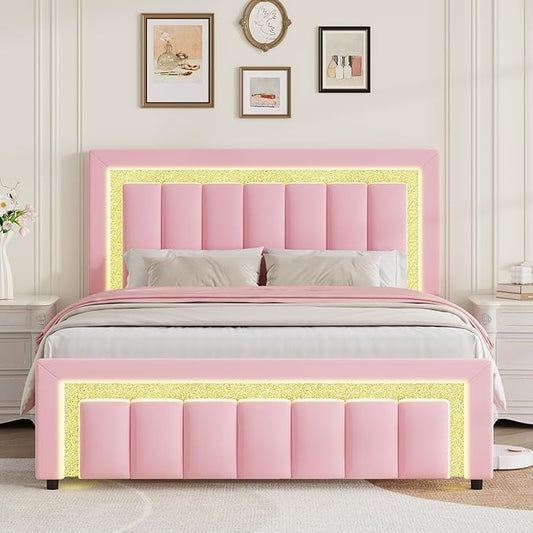 HOMBCK Bed Frame Full Size with LED Lights and Velvet Upholstered Headboard, Bed Frame Full with Modern Diamond Headboard Adjustable, Wooden Slats Support, Noise Free, No Box Spring Needed, Pink