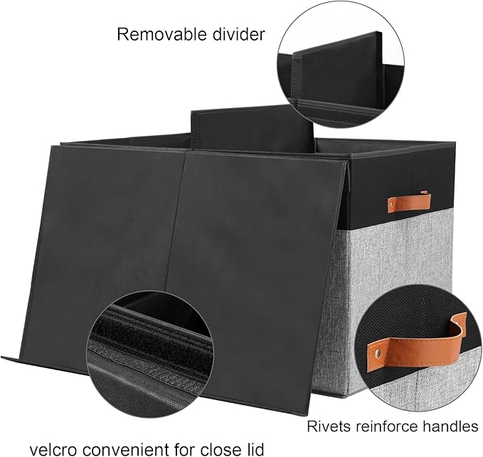 Large Toy Storage Box with Lid, Sturdy Toys Storage Chest Bin Organizer Basket with Dividers for Kids, Boys, Girls, Nursery, Closet, Bedroom, Playroom 26"x17" x17" (Black and Grey)