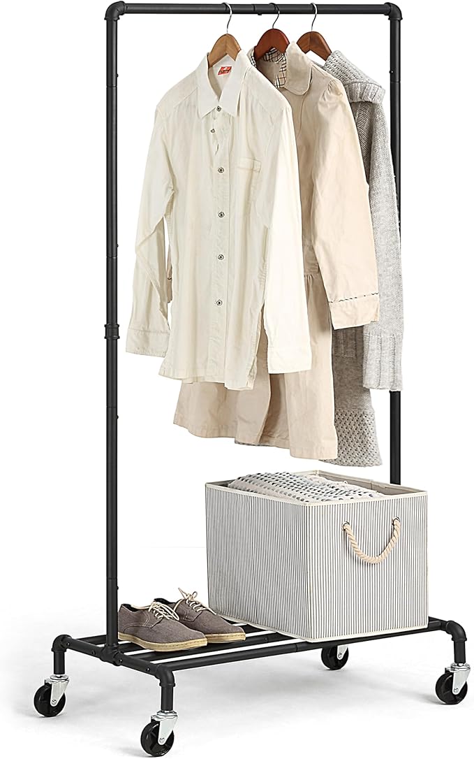 SunnyPoint Industrial Loft Style Rolling Garment Rack - Rolling Clothes Organizer (Single Rack)