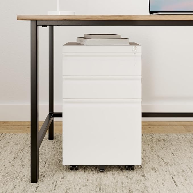DEVAISE 3 Drawer Mobile File Cabinet with Lock, Under Desk Metal Filing Cabinet for Home Office/Legal/Letter/A4 File, Fully Assembled Except Wheels, White