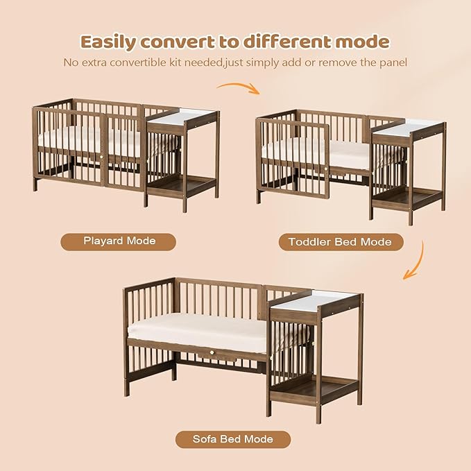 JOYMOR 8 in 1 Convertible Crib with Changer, Include 2” Mattress, Converts to Bassinet, Mid Crib, Full Size Crib, Daybed,Toddler Bed and Playard (Crib with Changer, Honey Wood)