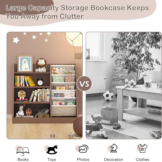 Kids Bookshelf Toy Storage Organizer 4-Tier Wood Book Rack Toddler Bookcase Baby Book Toy Display Shelf 5 Sling Bookshelf for Playroom Bedroom Nursery Classroom Church Espresso