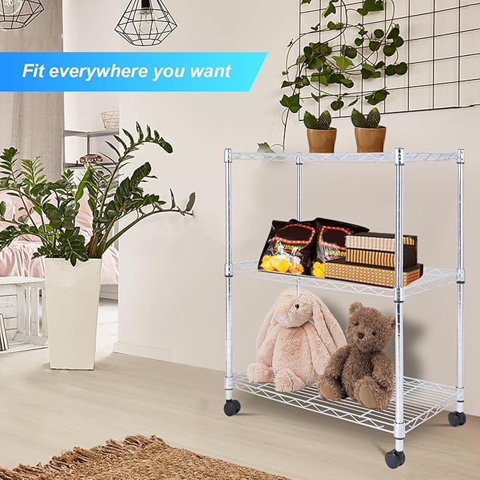 Whitmor 3 Tier Storage Shelves, Heavy Duty with Wheels, 400 lbs Capacity per Shelf, Max 1200 lbs Total, Adjustable Shelving Unit for Garage, Kitchen, Bathroom, 24" L x 14" W x 30.5" H, Chrome