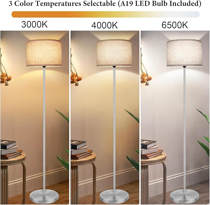 65‘’Modern Simple Floor Lamp Foot Switch, Silver Standing Lamp for Living Room with 3-Color Changing LED Bulb, Dimmable LED Floor Light for Bedroom Kid Office, Stand Up Lamp with Linen Shade, E26 Base
