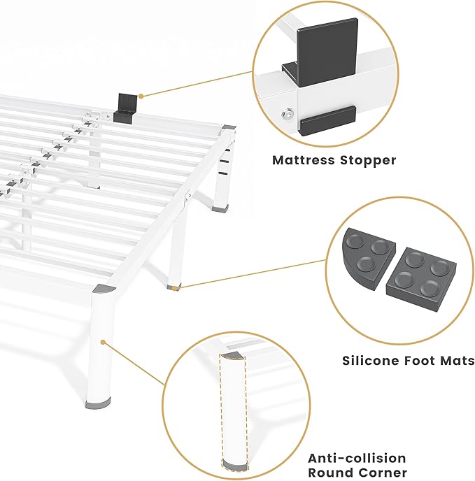 20 Inch Queen Size Metal Bed Frame with Round Corners, Storage Space Under High Bed Frame-Heavy Duty Steel Slats Support, Noise Free - Easy Assembly - No Box Spring Needed,White