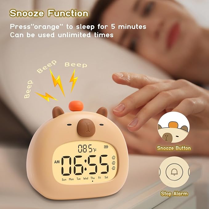 Capybara Kids Alarm Clock with Night Light, Digital Alarm Clocks for Bedrooms, Cute Kawaii Capibara Loud Ok to Wake Up Rechargeable, Snooze, 3 Alarms