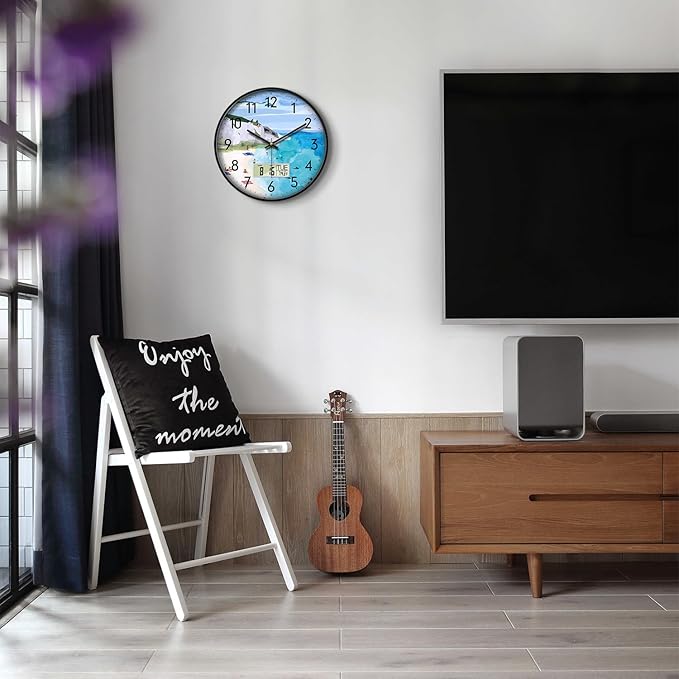 Silent Wall Clock with Temperature Day and Date Blue Mountain and Sea Beach Non-ticking Kitchen Clock Digital Large Display Battery Operated Clocks Decor for Bathroom Living Room Office 12 Inch