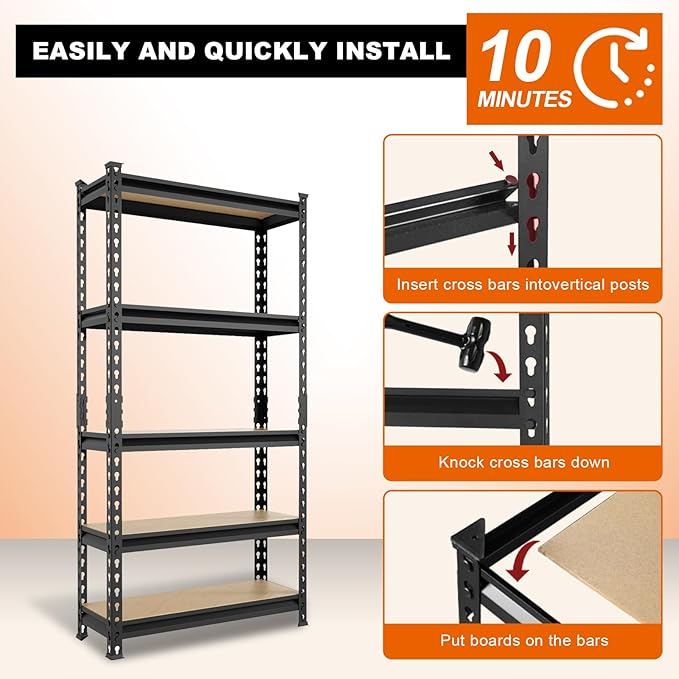 BIG RED Storage Shelving Unit, 5-Tier Adjustable, Heavy Duty Metal Garage Shelves/Utility Rack for Kitchen, Pantry, Basement, Bathroom, Laundry - 2,000 lbs Capacity, Black, 72" H x 35" W x 12" D