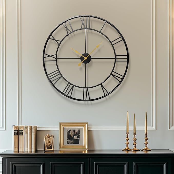 30 Inch Large Wall Clock, Modern Decorative Wall Clocks Silent Non Ticking Battery-Operated, Black Metal Round Clock for Living Room Kitchen Office Mantel - Roman Number