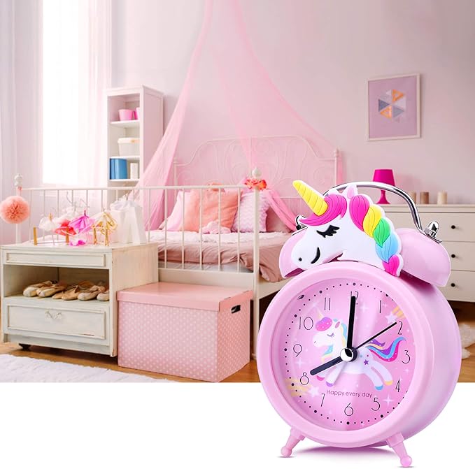 Unicorn Alarm Clock for Girls Kids, Cute Bedroom Decoration, Non Ticking Silent Second Hand, w/Backlight Super Loud Twin Bell, for Kids Unicorn Gifts (Pink)