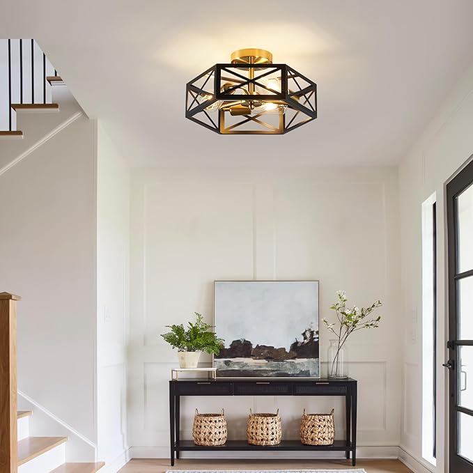 Modern Flush Mount Ceiling Light, 3-Light Black Gold Hallway Light Fixtures Ceiling Mount, Industrial Close to Ceiling Light with Metal Hexagon Cage Ceiling Lamp for Kitchen, Bedroom, Bathroom