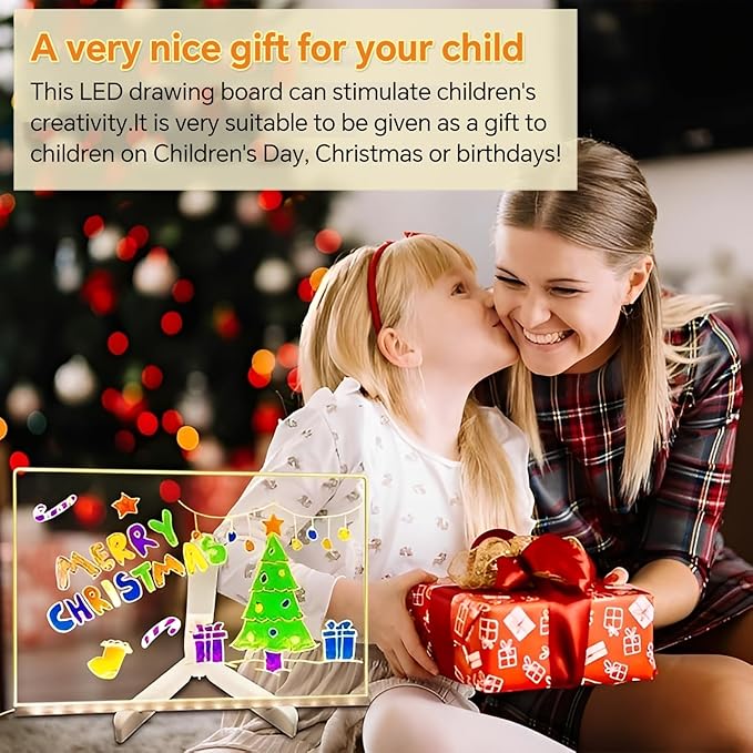 Led Drawing Board, Acrylic Dry Erase Board with Bracket, 11.8" X 7.9” Glow Writing Board, Led Note Board Comes with 7 Drawing Pens and 5 Cartoon Doodle Paper for Office School Home