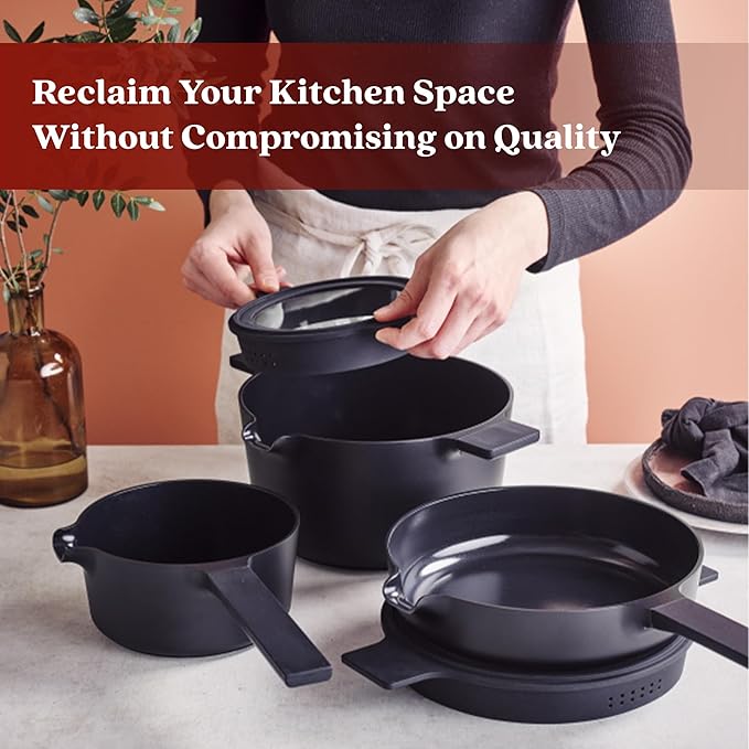 Alva Neat 5-Piece Nesting Cookware Set – Stackable Nonstick Pots & Pans with Universal Lids, Space-Saving Design for Apartments, RVs & Compact Storage - Save 50% Cabinet Space