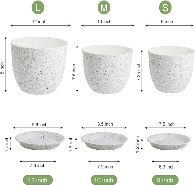 12/10/9 Large Modern Plant Pots, Plastic Planters with Drainage Holes and Saucers for Indoor Outdoor Plants Flowers, White Speckles
