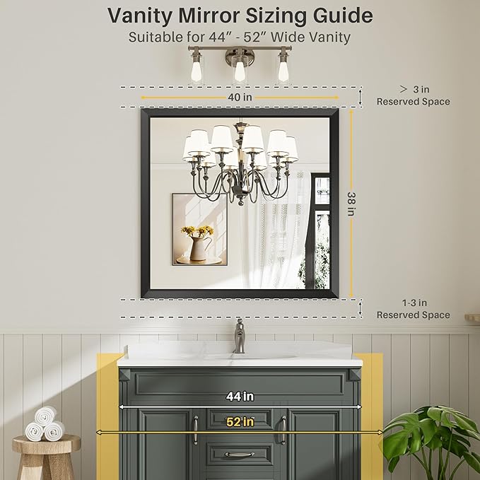 40x38 Inch Black Bathroom Mirror for Wall, Thick Metal Framed Rectangle Mirrors for Over Sink, Bedroom, Living Room, Entryway, Anti-Rust, HD Tempered Glass