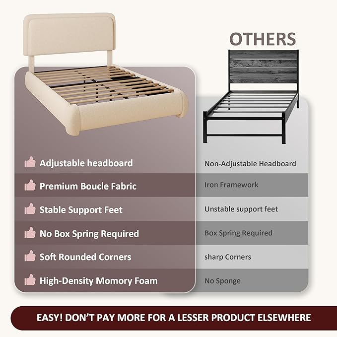 Full Boucle Platform Bed Frame with Height Adjustable Headboard, Modern Upholstered Cloud Bed, Sleek Curved Design, No Box Spring Needed, Easy Assembly, Noise Free, Beige