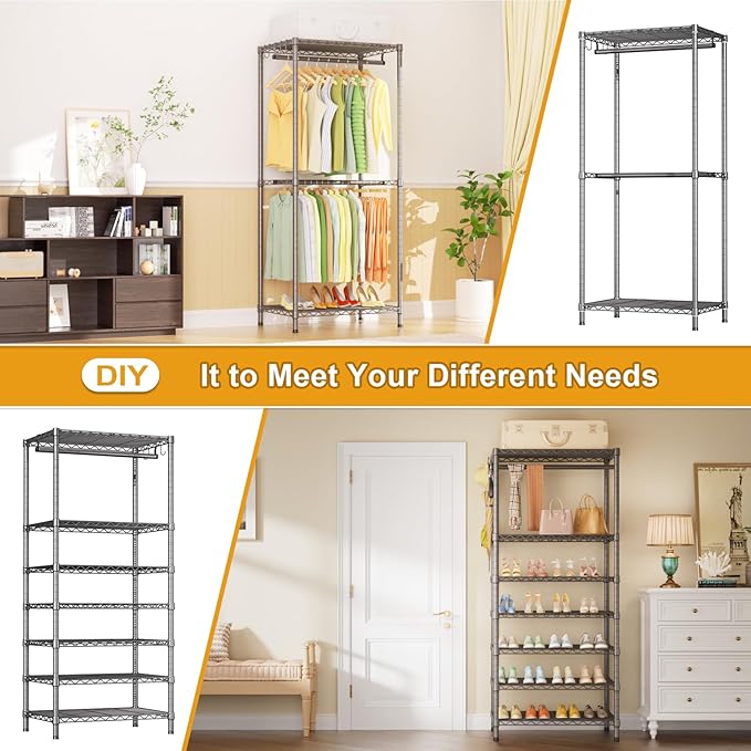 Ulif E13 Heavy Duty Clothes Rack（With 4 Hanger Rods & 8 Shelves） Freestanding Clothing Racks for Hanging Clothes，Adjustable Closet Organizer，Metal Garment Rack 63" W x16 D x77 H，Max Load 900LBS，Grey