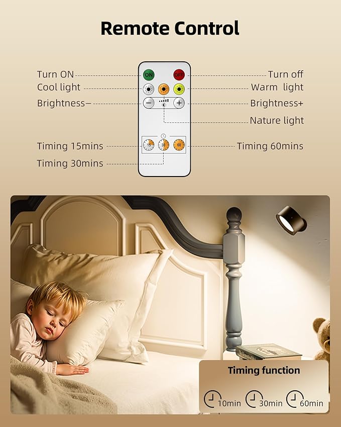 LED Wall Mounted Lights, Rechargeable Wall Sconces with Remote & Touch Control, 3 Color Temperatures 360° Rotation Dimmable Cordless Wall Light for Bedroom Study Reading Bedside (Black, 3 Pack)