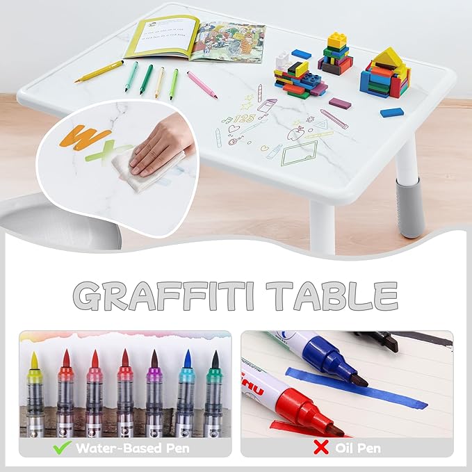 Toddler Table and Chair Set for Ages 3-8, Adjustable Kids Table and Chairs for Reading,Drawing, Eating, Children Activity Table with Graffiti Tabletop for Daycare/Classroom/Home/Preschool