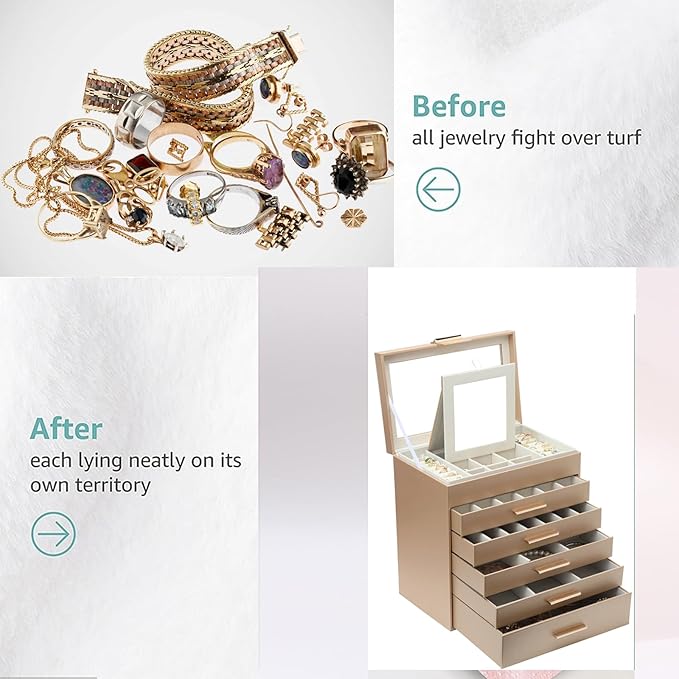 BOOVO Jewelry Boxes for Women, White and Black 6 Layer Large Jewelry Box for Necklace, Bracelet, Earrings, Rings Storage, Jewelry holder Organizer for Girls Gift (Gold, 6 layer)