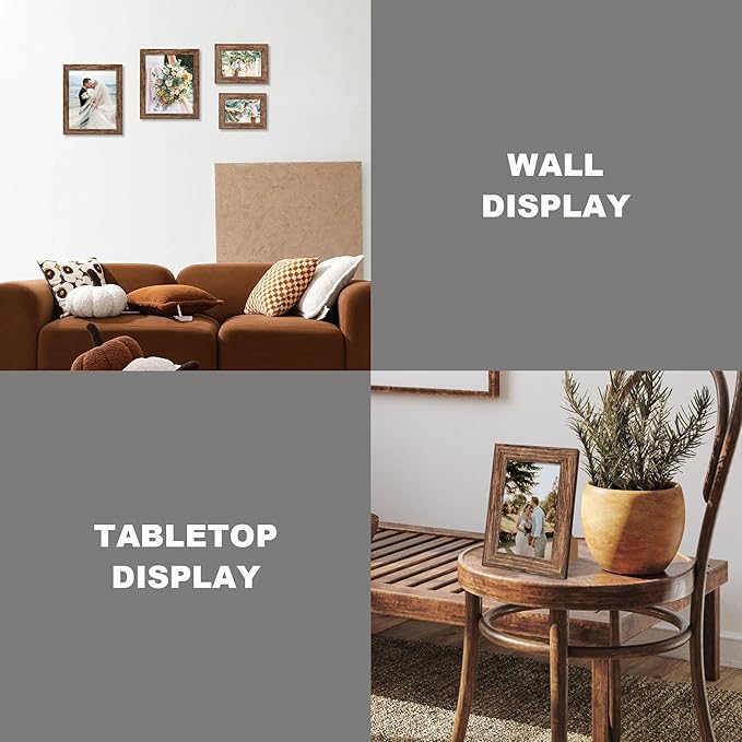 5x7 Picture Frame Set of 4, High Definition Glass Brown Frame, 5 x 7 Wood Rustic Picture Frames for Horizontal or Vertical Table Top and Wall Mounting