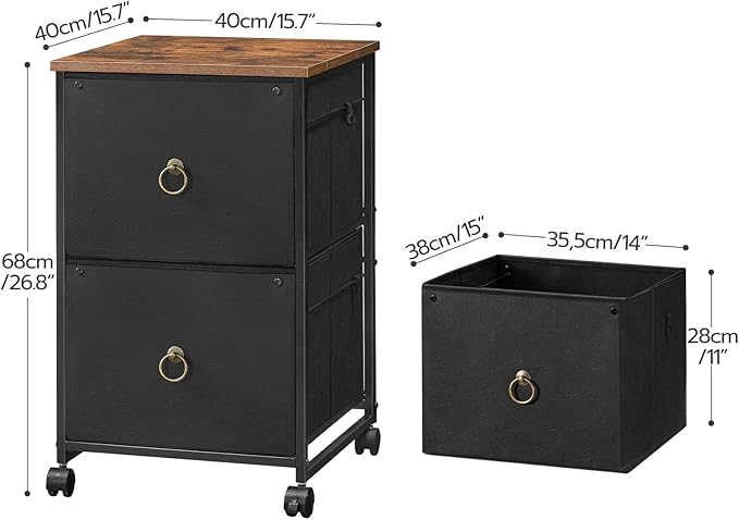 HOOBRO 2 Drawer Mobile File Cabinet, Rolling Printer Stand, Vertical Filing Cabinet, Office Drawers, Filing Cart for Home Office, A4/Letter Size, Nonwovens Drawer, Black and Rustic Brown BFK20WJ01