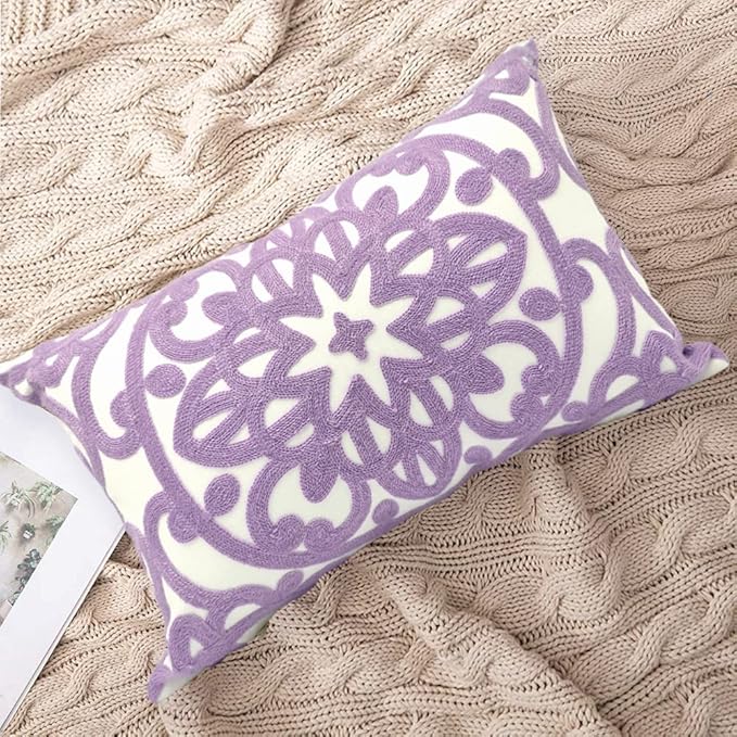 Alysheer Embroidered Lumbar Decorative Throw Pillow Cover 12"x 20", Classic Boho Mandala Embroidery Pattern Cotton Rectangular Cushion Case for Sofa Couch Living Room Bedroom(Lavender)