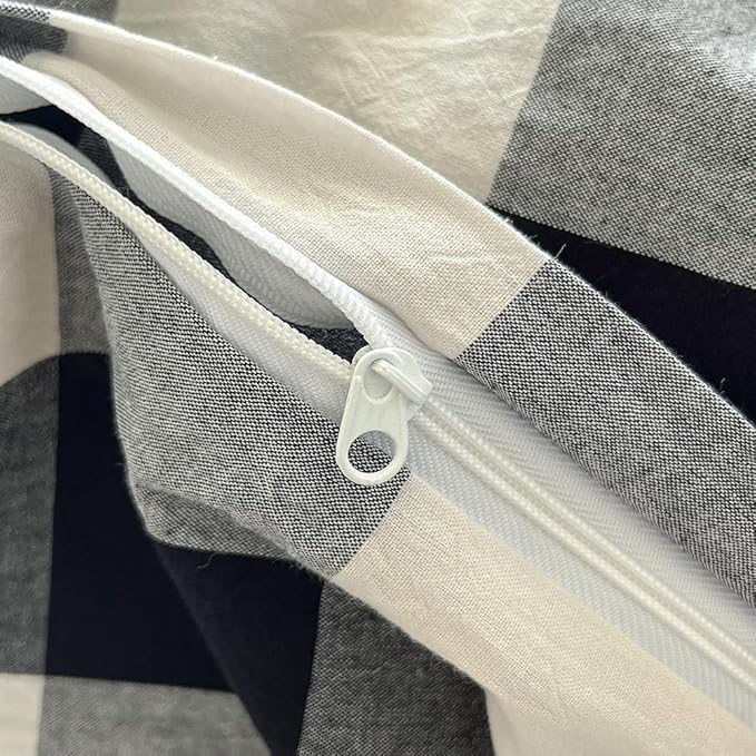 FACE TWO FACE Bedding Duvet Cover Set100% Washed Cotton Duvet Cover Linen Like Textured Breathable Durable Soft Comfy (California King, Black and White Grid)