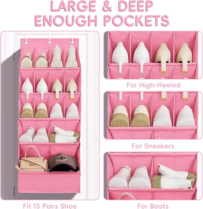 FENTEC 1 Pack Over-the-Door-Shoe-Organizers, Hanging Shoe Organizers with Large Pocket Shoe Holder Hanging Shoe Rack for Closet Shoe Organizer for Wall, Over Door Organizer with 15 Pockets Pink
