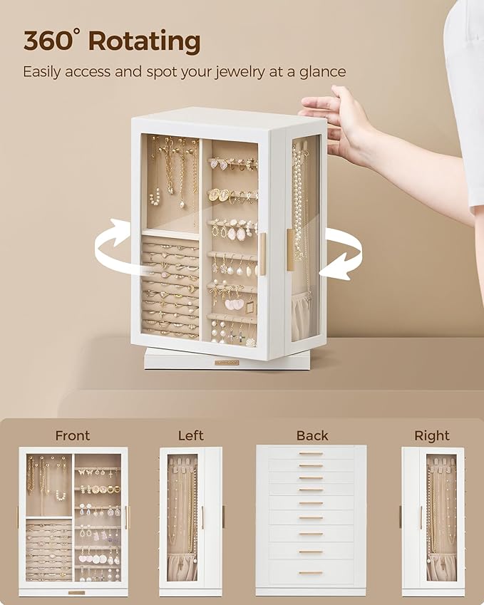 360° Rotating Jewelry Box with 9 Drawers, Spacious Vertical Jewelry Organizer with Glass Window, Jewelry Storage Case, Dustproof & Moisture-resistant Design, White